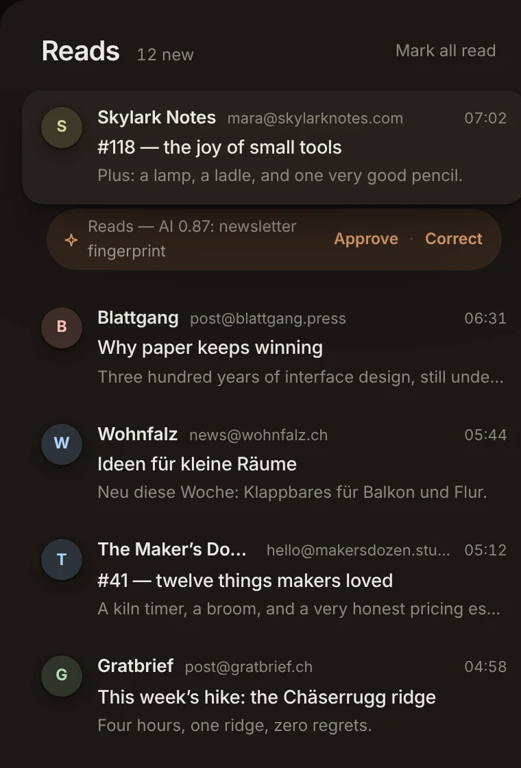 News in ohmail: newsletters, with the waterline where you stopped