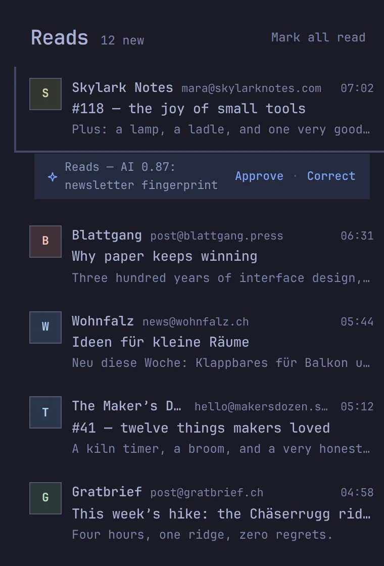 News in ohmail: newsletters, with the waterline where you stopped