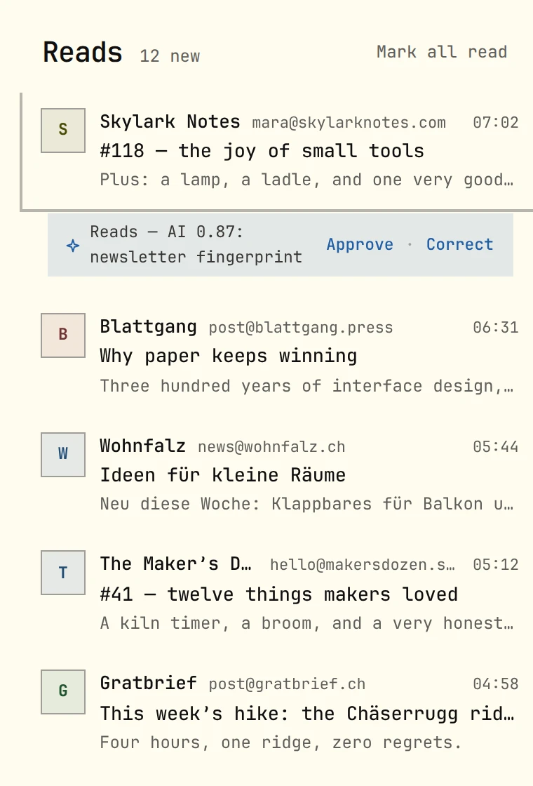 News in ohmail: newsletters, with the waterline where you stopped