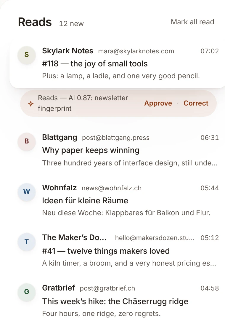 News in ohmail: newsletters, with the waterline where you stopped